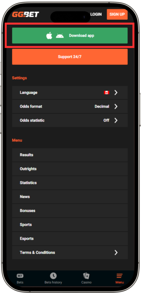 GGBet Menu Download Link